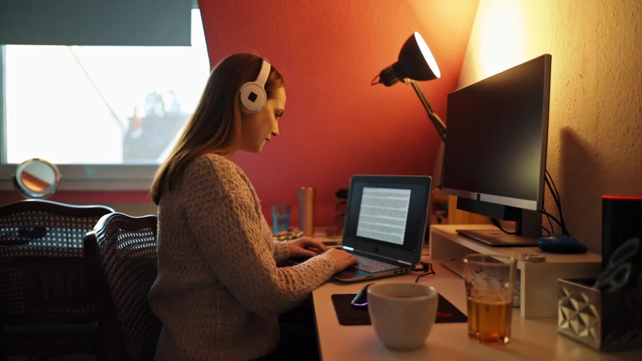 年轻女子一边喝咖啡一边用笔记本电脑在家工作视频下载