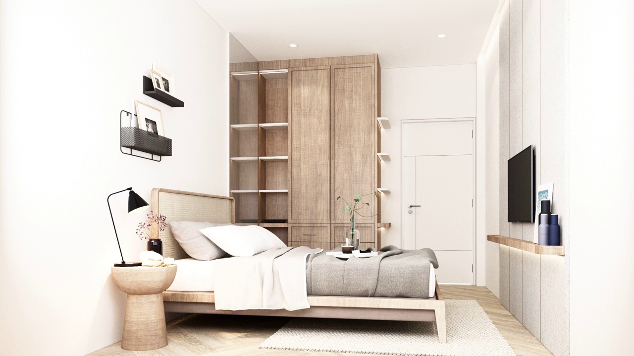 卧室简约风格有床、床头柜。在镶木地板和木制百叶窗上有许多装饰品和衣柜3d渲染的停止运动视频下载