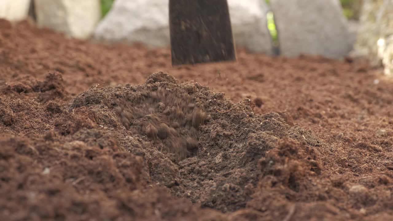 农民正用泥铲为有机农业耕作准备土地。挖掘土壤视频素材