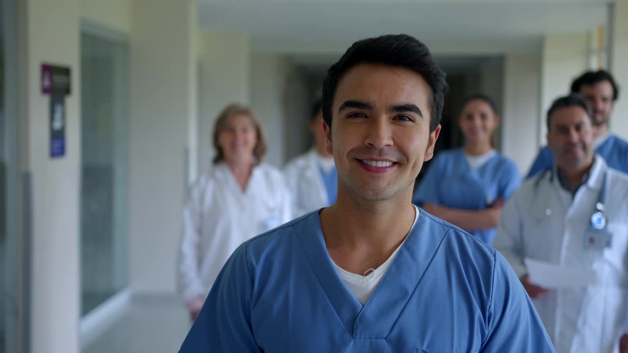 兴高采烈的年轻男外科医生拿着平板电脑，带领着一队医护人员在医院对着镜头微笑视频素材