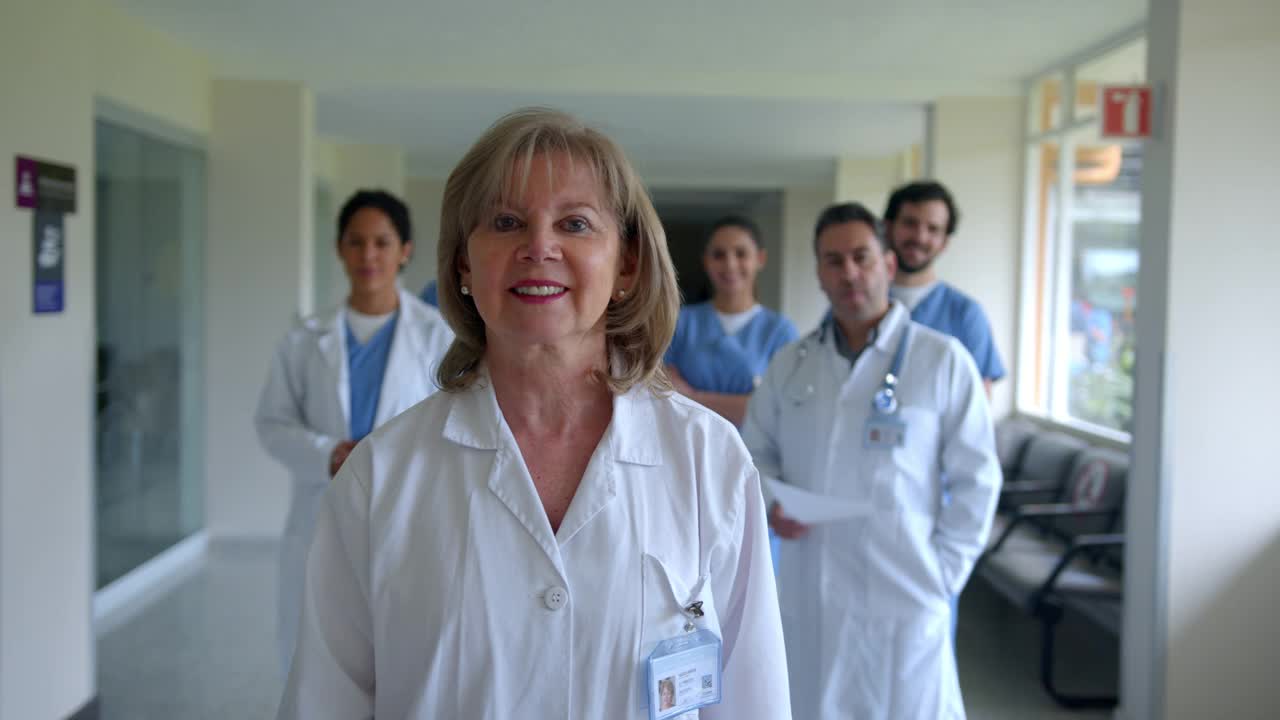 一位拉丁美洲女医生带领着一群医护人员在医院里一边微笑一边面对镜头视频素材