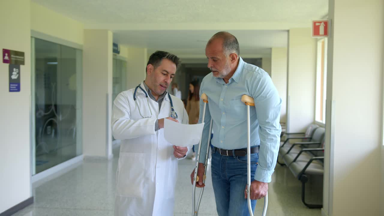骨科医生在医院向使用拐杖的老年病人解释处方视频素材