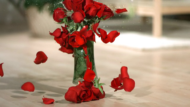 花瓶里的红玫瑰掉下来摔碎了视频素材