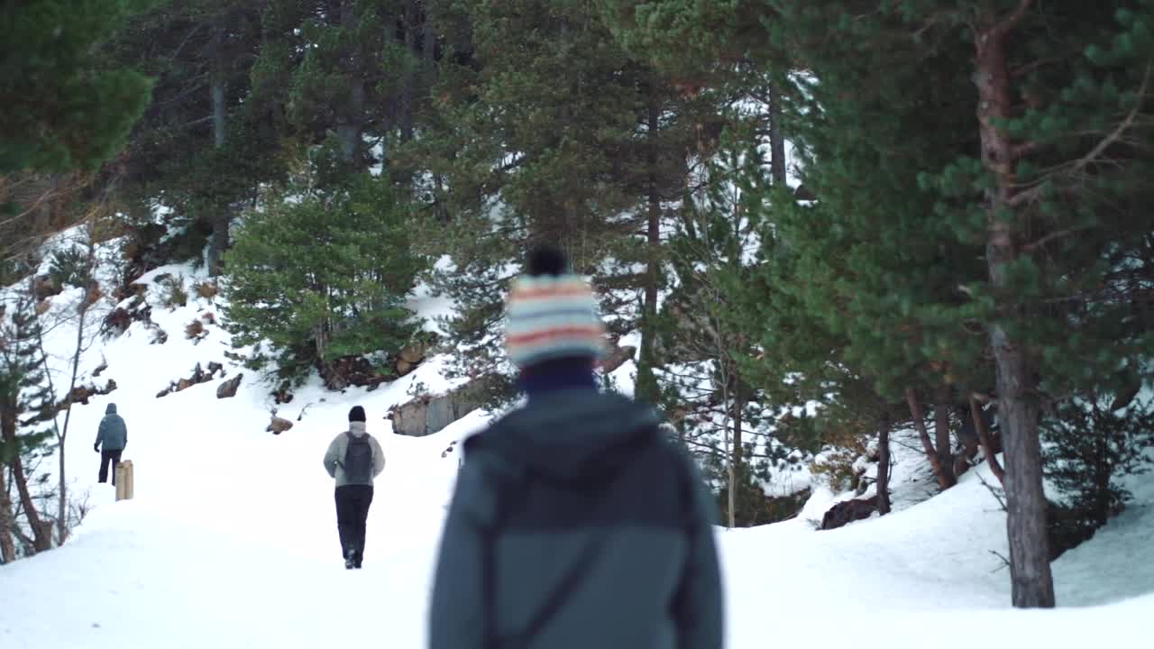 穿着暖和衣服的人走在森林里积雪的小路上视频素材
