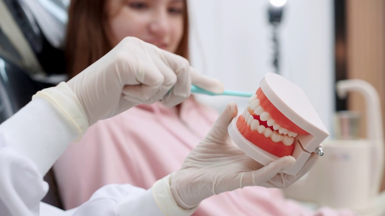 近距离:牙医向坐在牙科椅上的十几岁女孩展示如何正确刷牙，使用口腔和牙齿模型视频素材