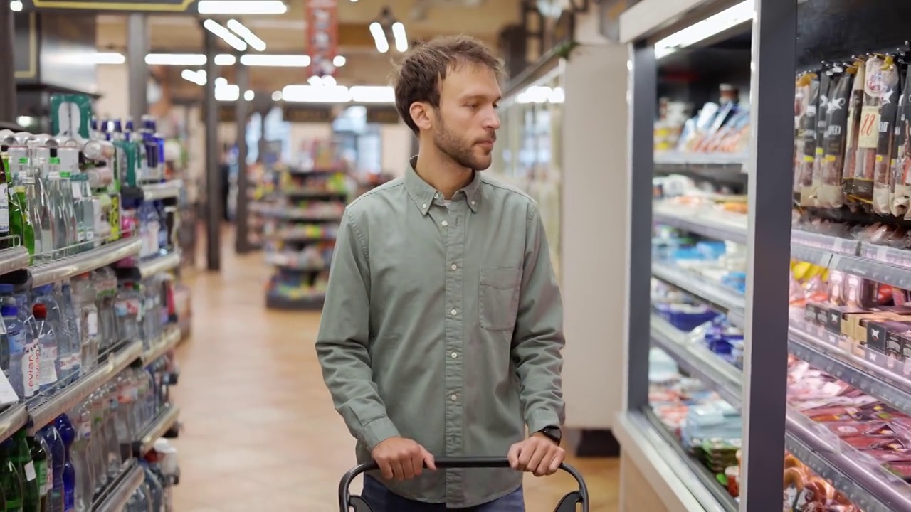 穿着衬衫的快乐男人推着手推车穿过超市挑选食品视频素材