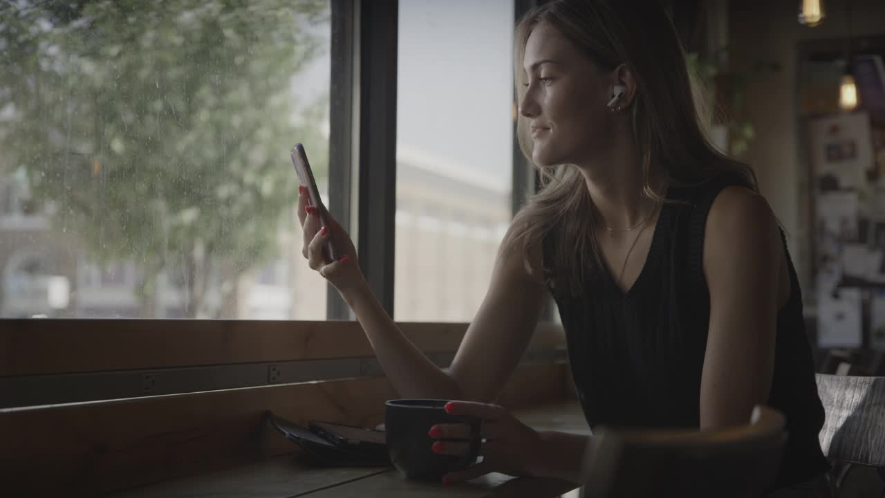 近距离的妇女在咖啡馆喝酒视频聊天手机/普罗沃，犹他州，美国视频下载