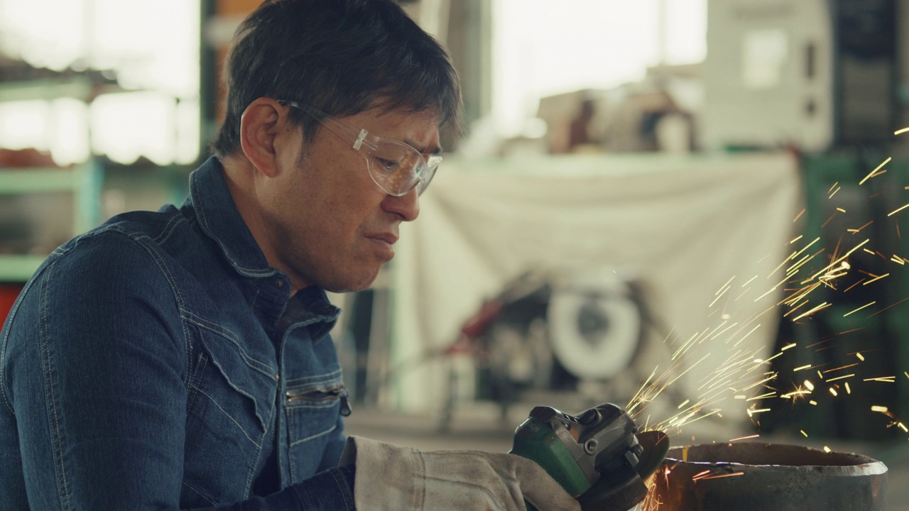 铜sloo - mo -工匠在他的车间里打磨金属视频素材