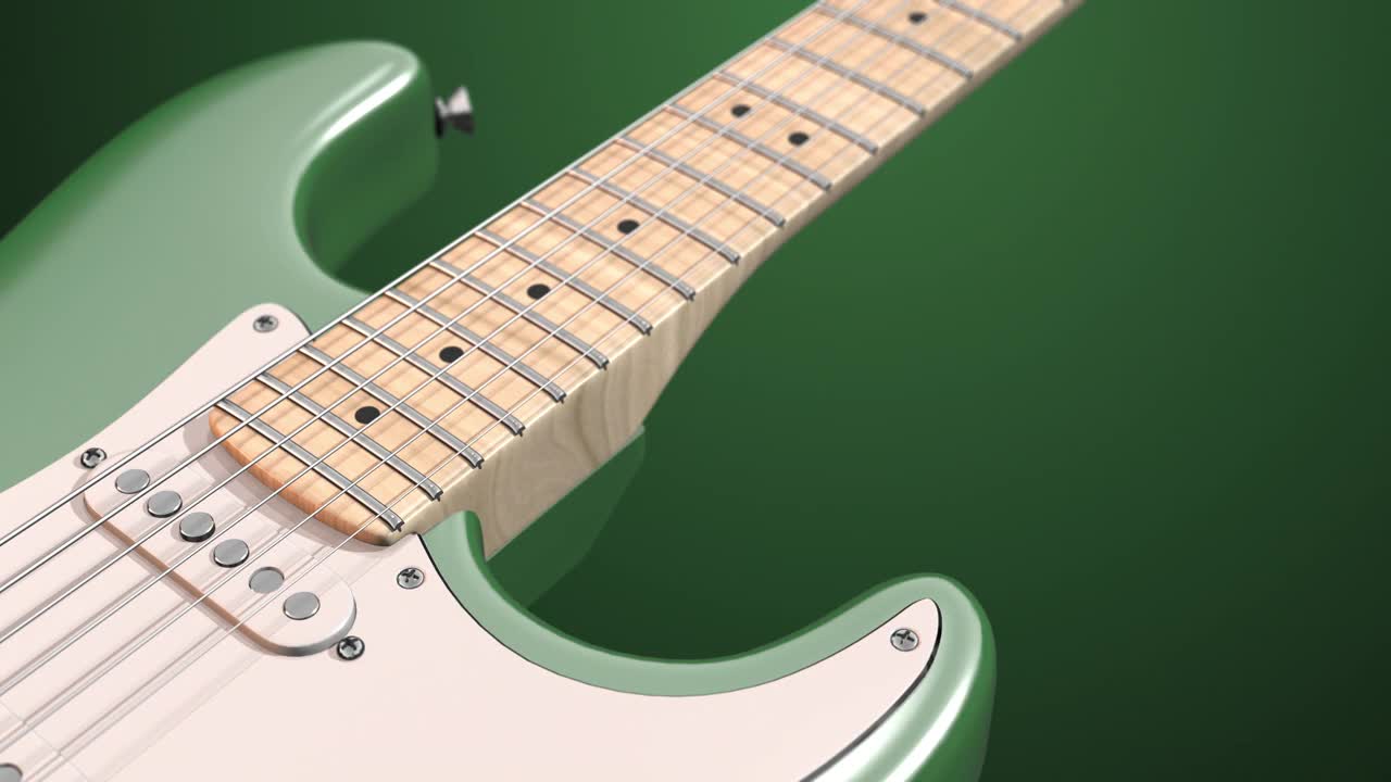 闪亮的绿色电吉他飞行和缓慢旋转。视频素材
