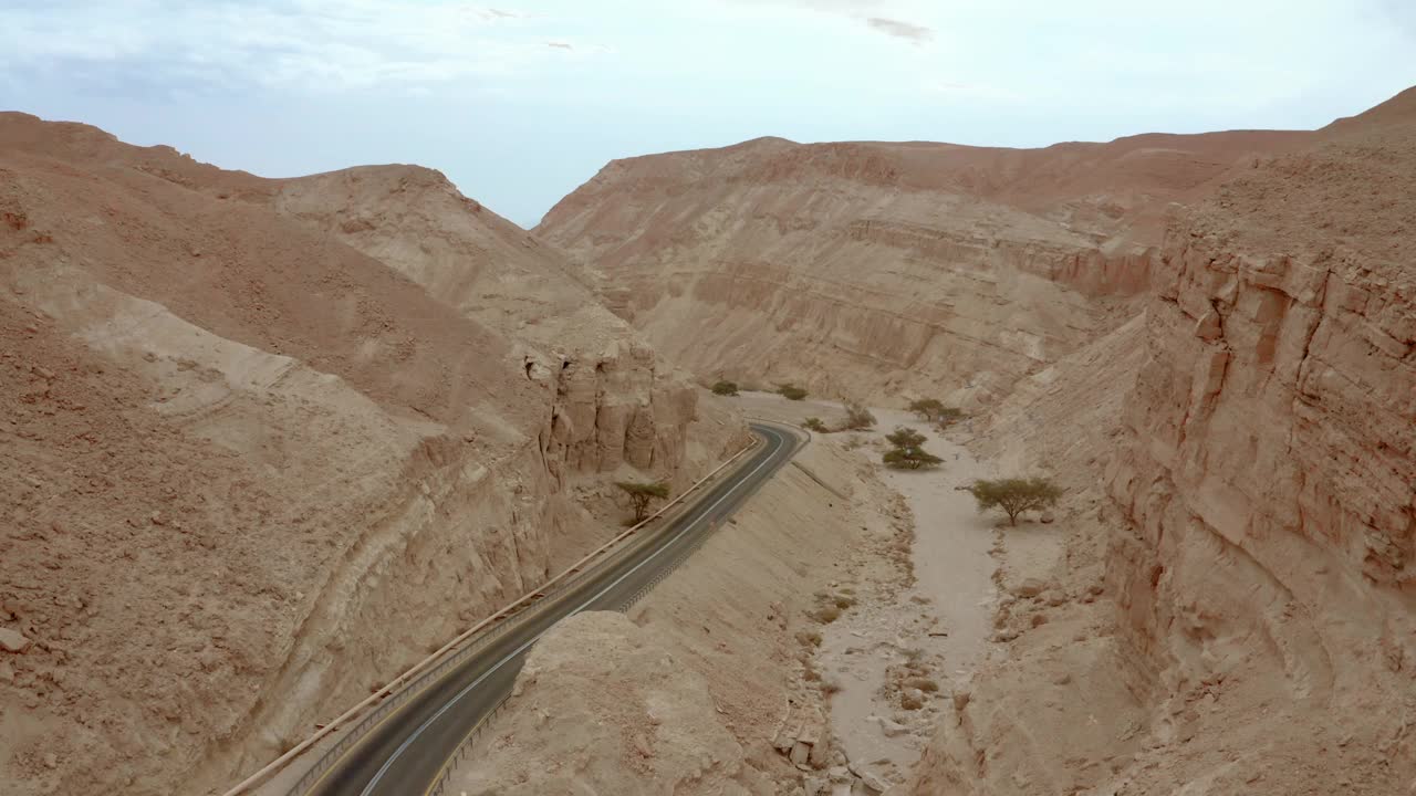 美丽的风景在公路上与驾驶汽车之间的结构的岩石峡谷在沙漠山脉和飞翔的鸟视频下载
