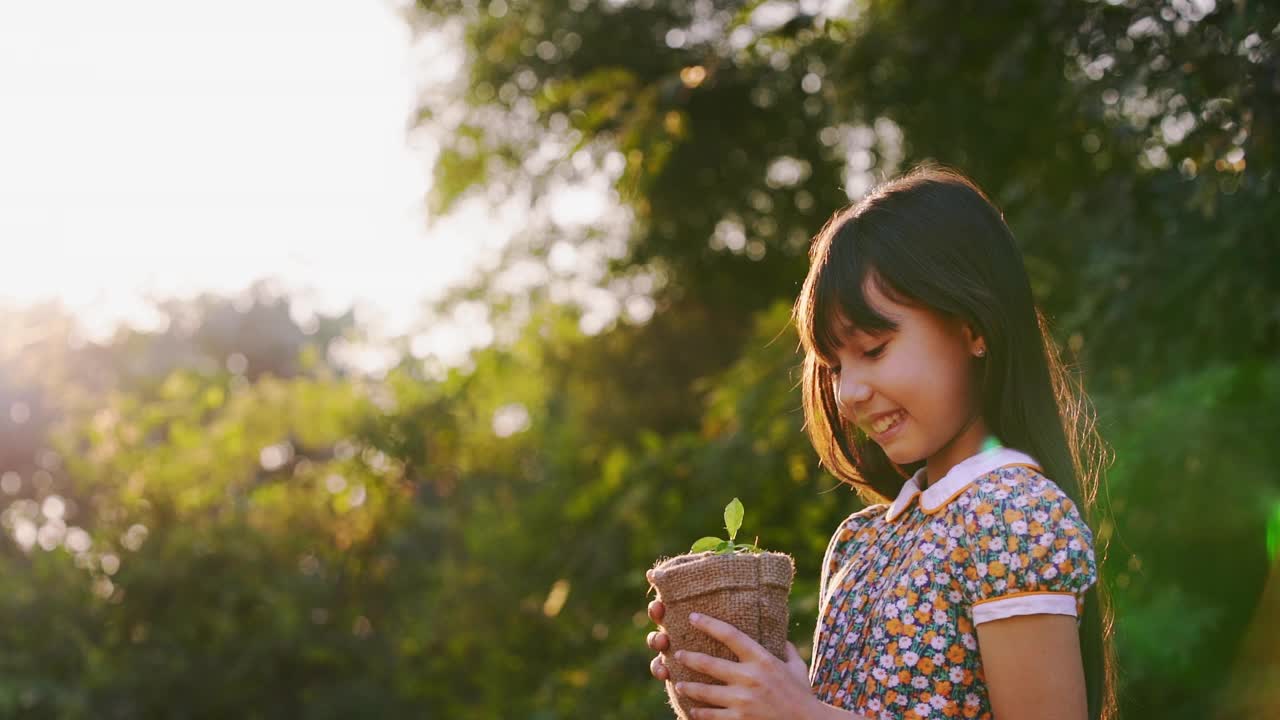 可爱的小女孩把小植物送给阳光。幸福新生命拯救地球和生态系统的理念。视频下载