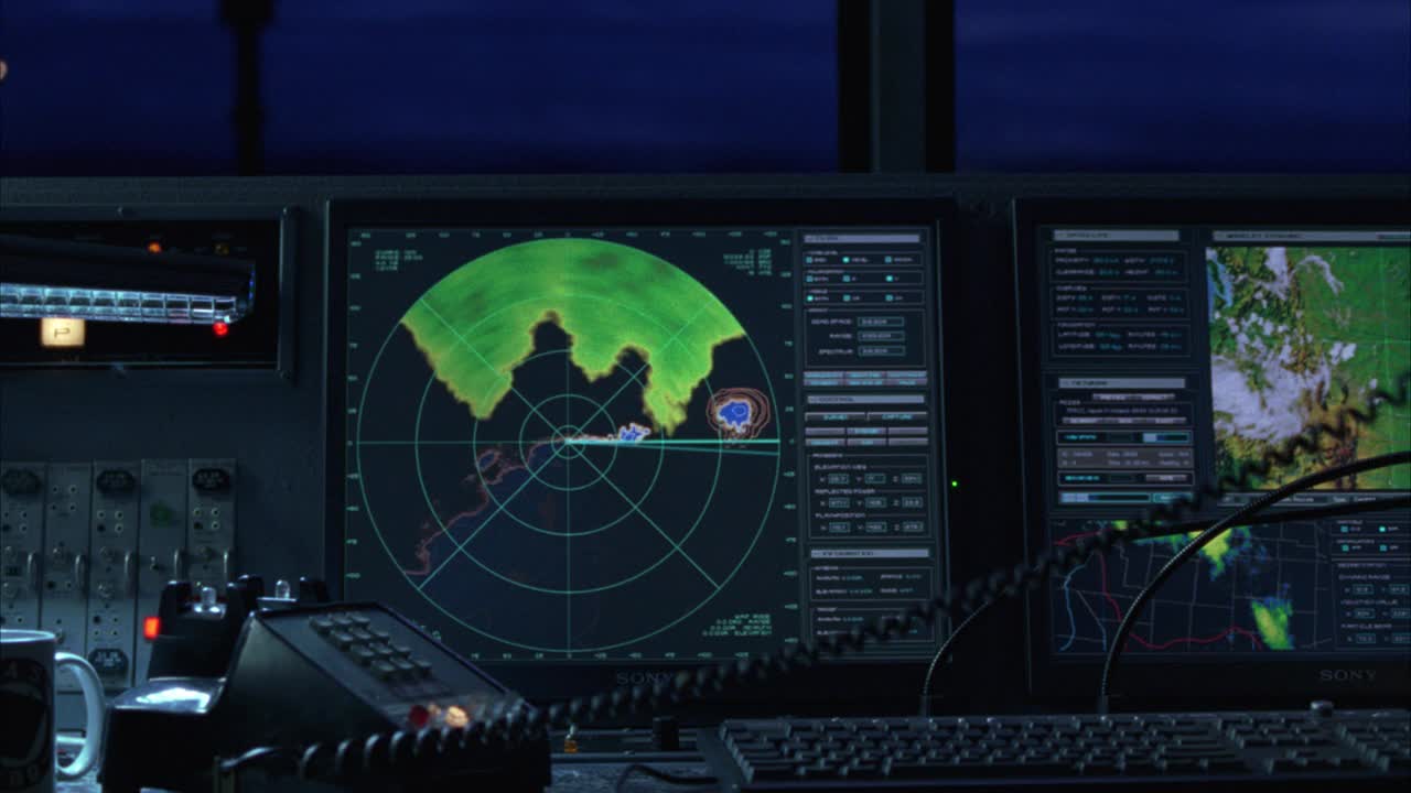放大声纳和雷达设备的控制面板。可能在船上或船上。数字显示器和显示器。视频素材