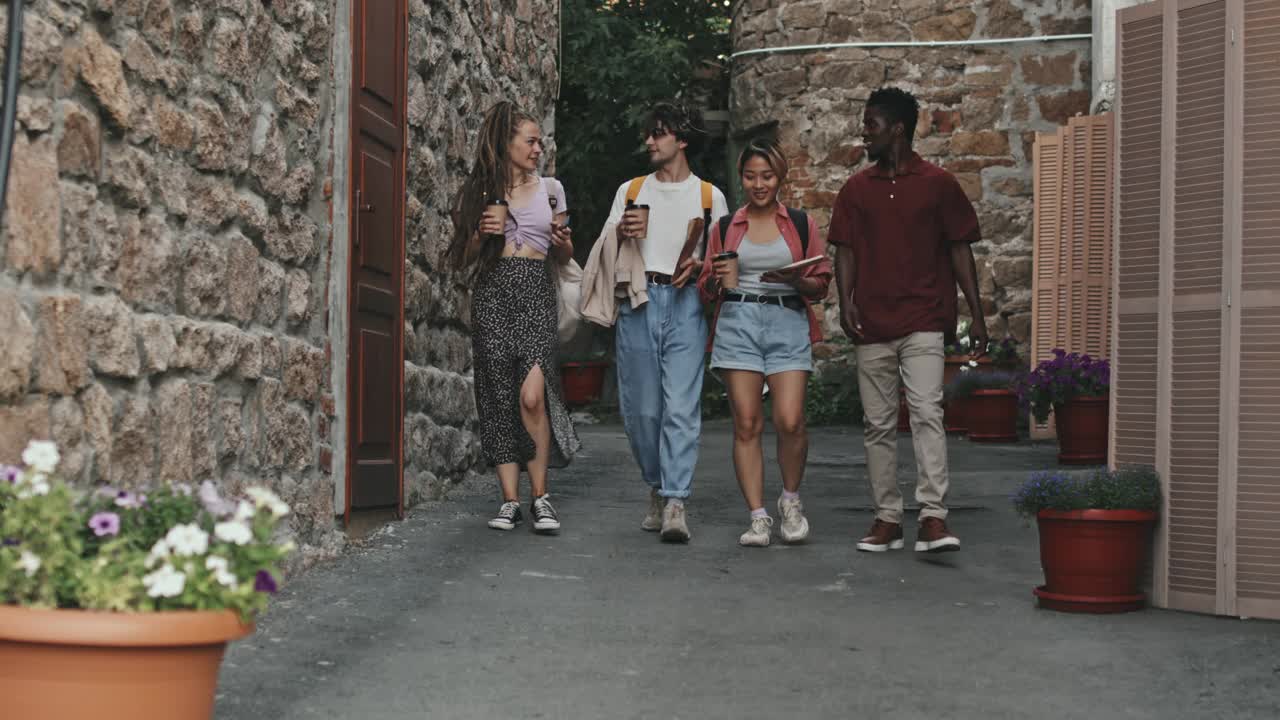 四个不同的朋友走在狭窄的砖路视频下载