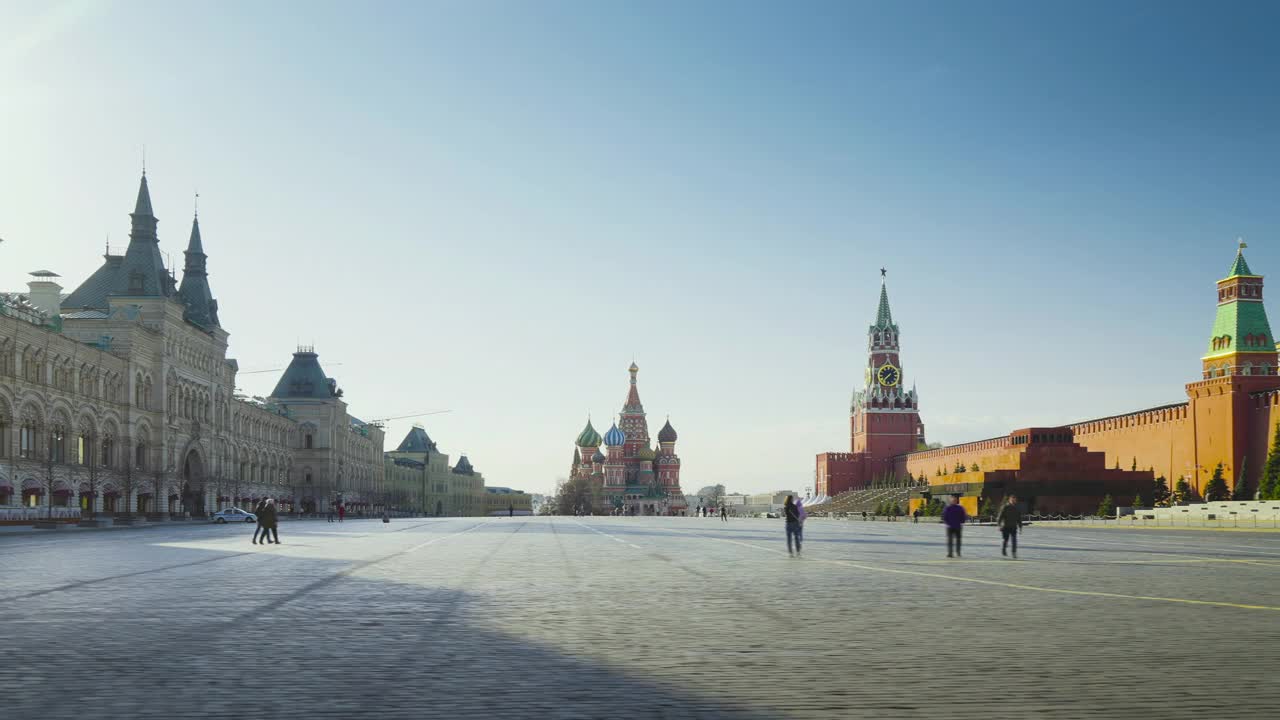 莫斯科红场的超短延时。圣巴兹尔大教堂，斯帕斯卡亚塔和陵墓，俄罗斯视频素材