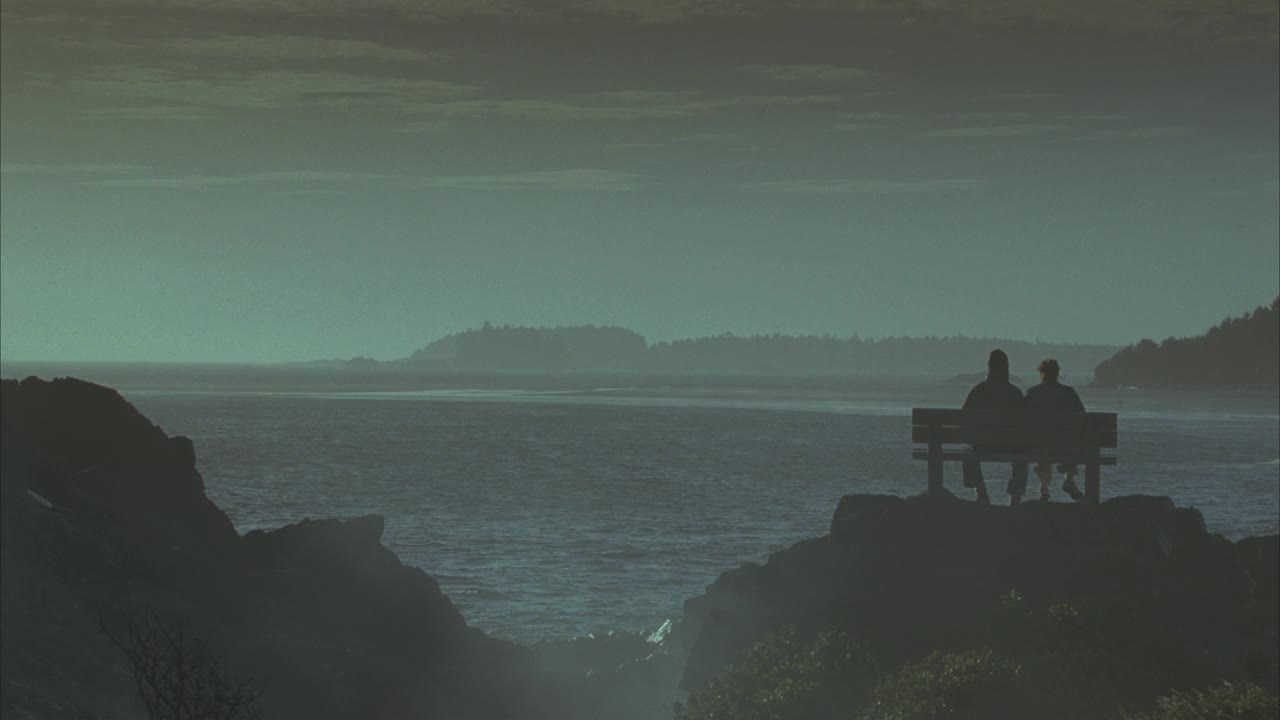 广角崎岖的海岸线与山脉和森林在bg。人坐在长凳上的一个大岩石或巨石上，面对着大海。波。雾在空气中传播。夫妇。视频素材