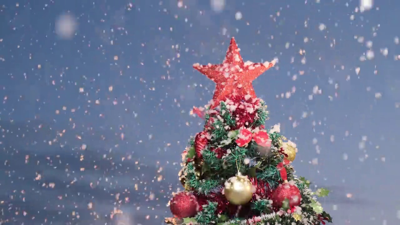 圣诞树上飘着雪花。冬天的日落天空和雪。冷雪视频下载
