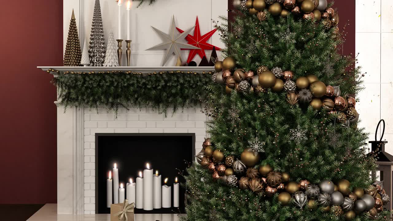 家庭内部客厅与圣诞树壁炉和蜡烛视频素材