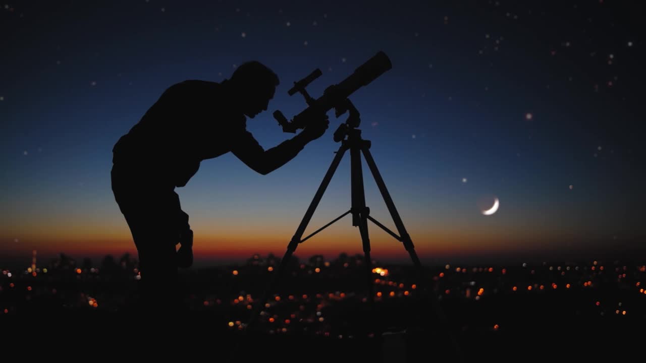 一个男人用天文望远镜观察星空的剪影。视频素材