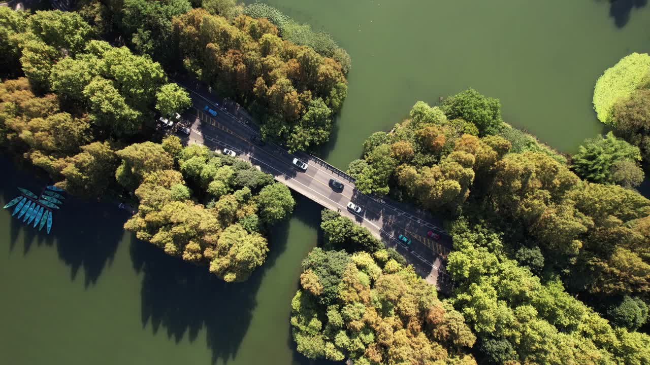 T/L通过湖和树木地区的道路鸟瞰图视频素材