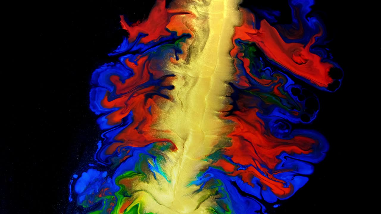 红，蓝，黄，抽象亚克力纹理。视觉效果，宏观的流体艺术和任何与颜色和运动有关的实验视频素材