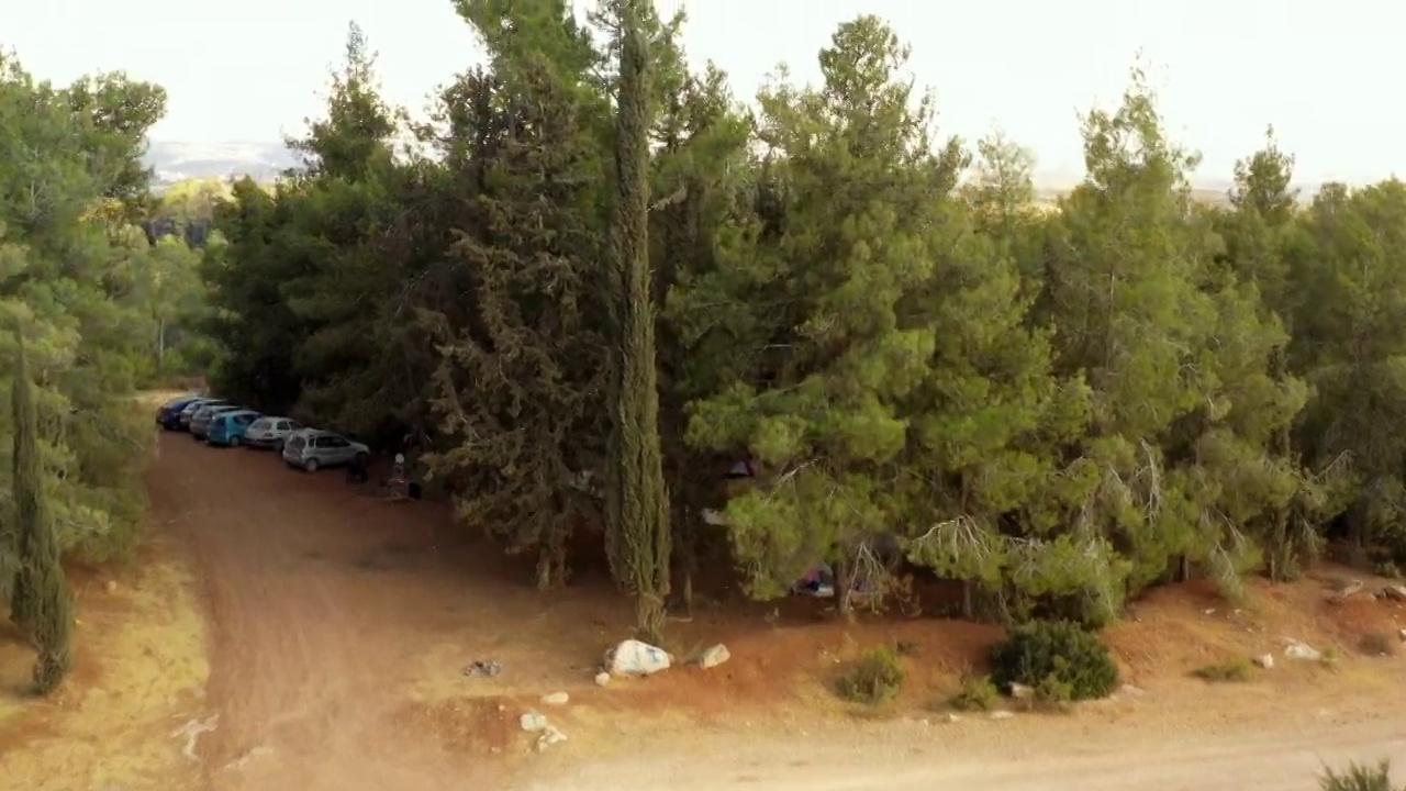 空中向上拍摄的汽车停在森林景观，无人机上升在绿色的树木-拜特古夫林，以色列视频下载