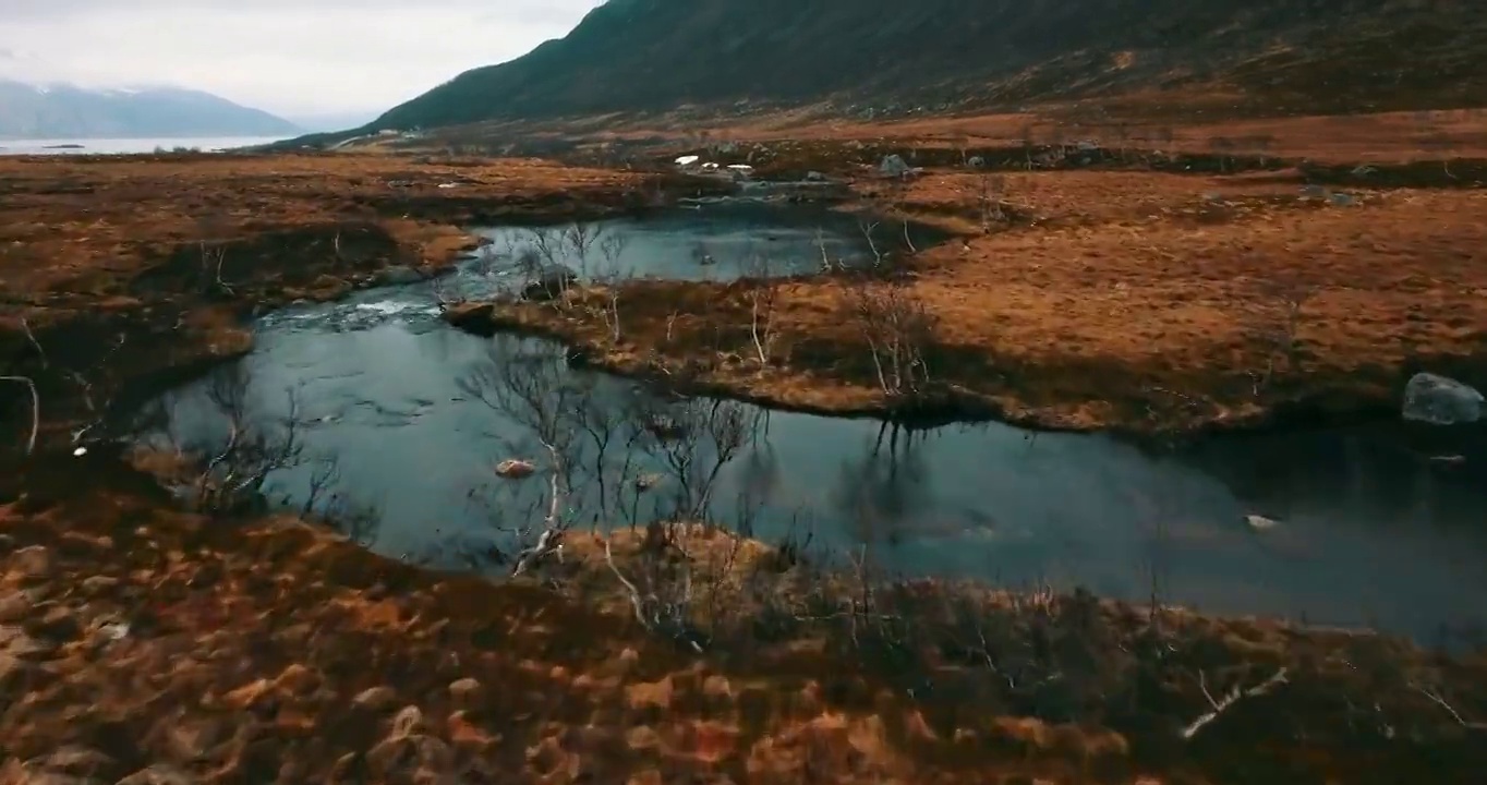 雪山的空中风景拍摄，无人机飞行在流动的河流-特罗姆瑟市，挪威视频素材