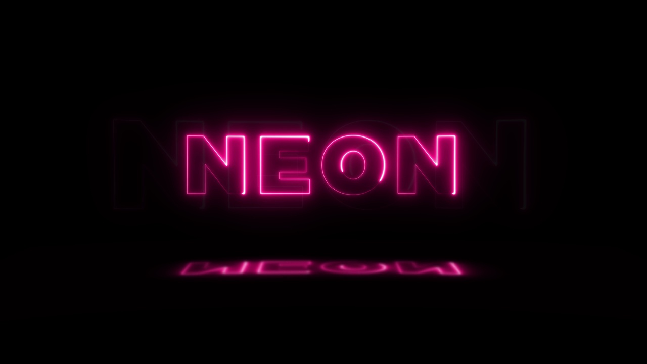 单词“NEON”霓虹灯在黑色的背景上发光，反射在地板上。霓虹灯发光标志无缝循环运动图形视频下载