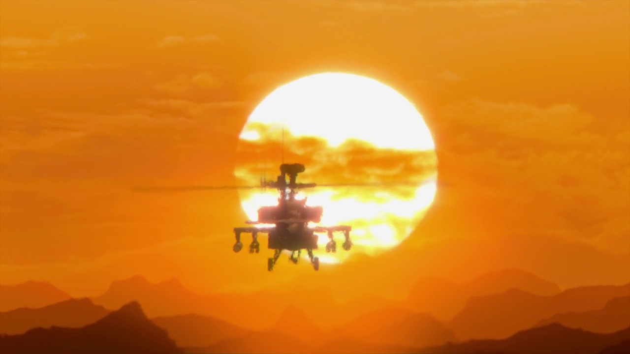 阿帕奇AH-64直升机在日落时分飞越群山，天气炎热，热变形视频下载