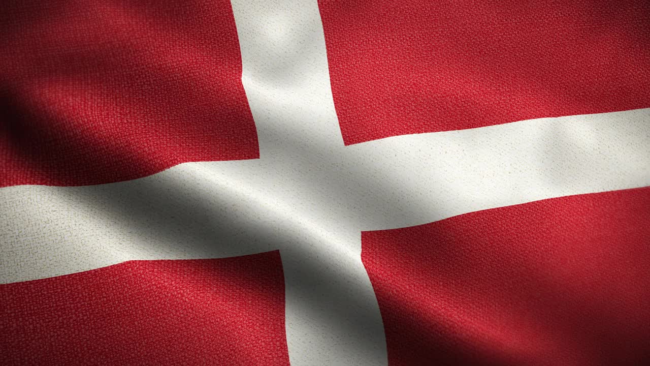 丹麦动画库存视频国旗-丹麦国旗在循环和纹理3d渲染背景-高度详细的织物图案和可循环的丹麦国旗视频下载