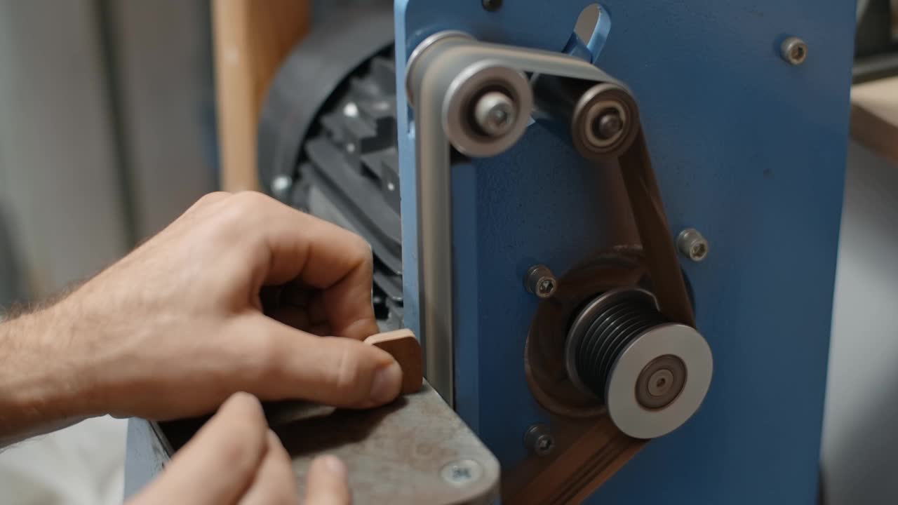 木匠使用带砂光机在他的车间处理小木材项目，4k 60p 10位视频素材