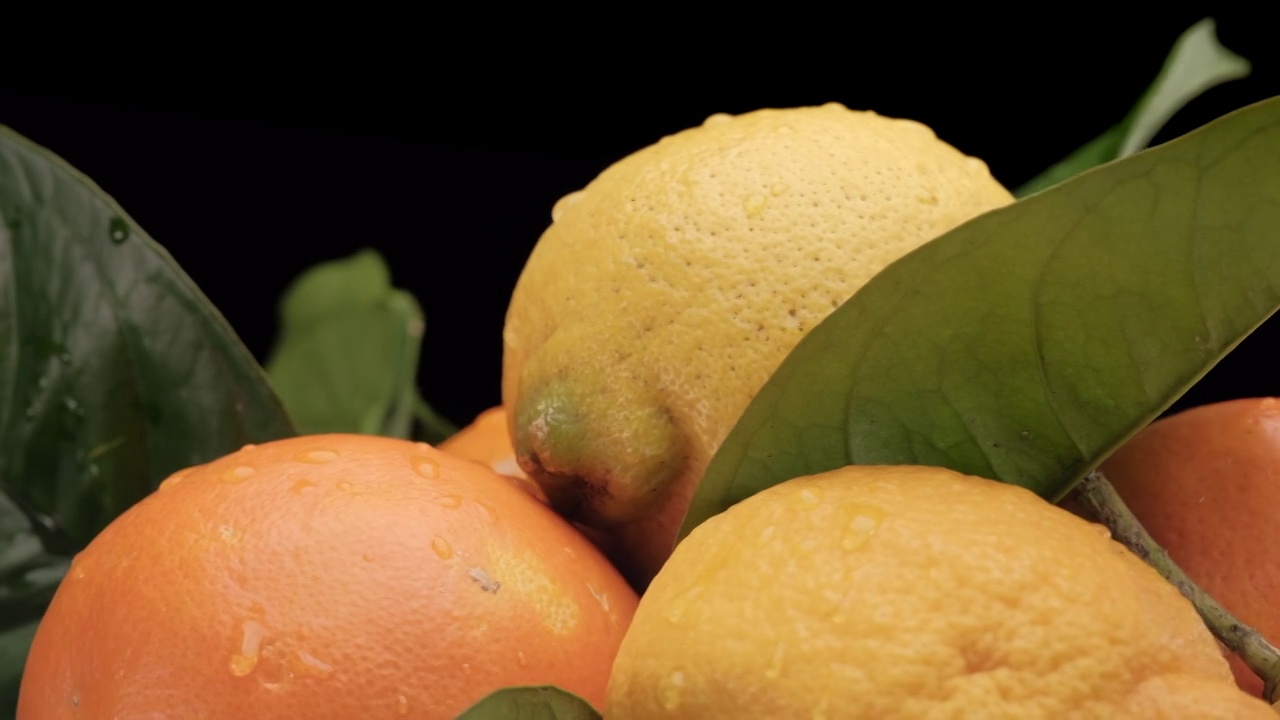 柑橘类水果，柠檬和橘子。彩色健康水果食品孤立旋转在黑色背景。视频素材