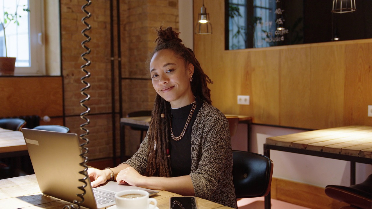 一个年轻女商人的肖像艺术wifi咖啡馆与笔记本电脑视频下载