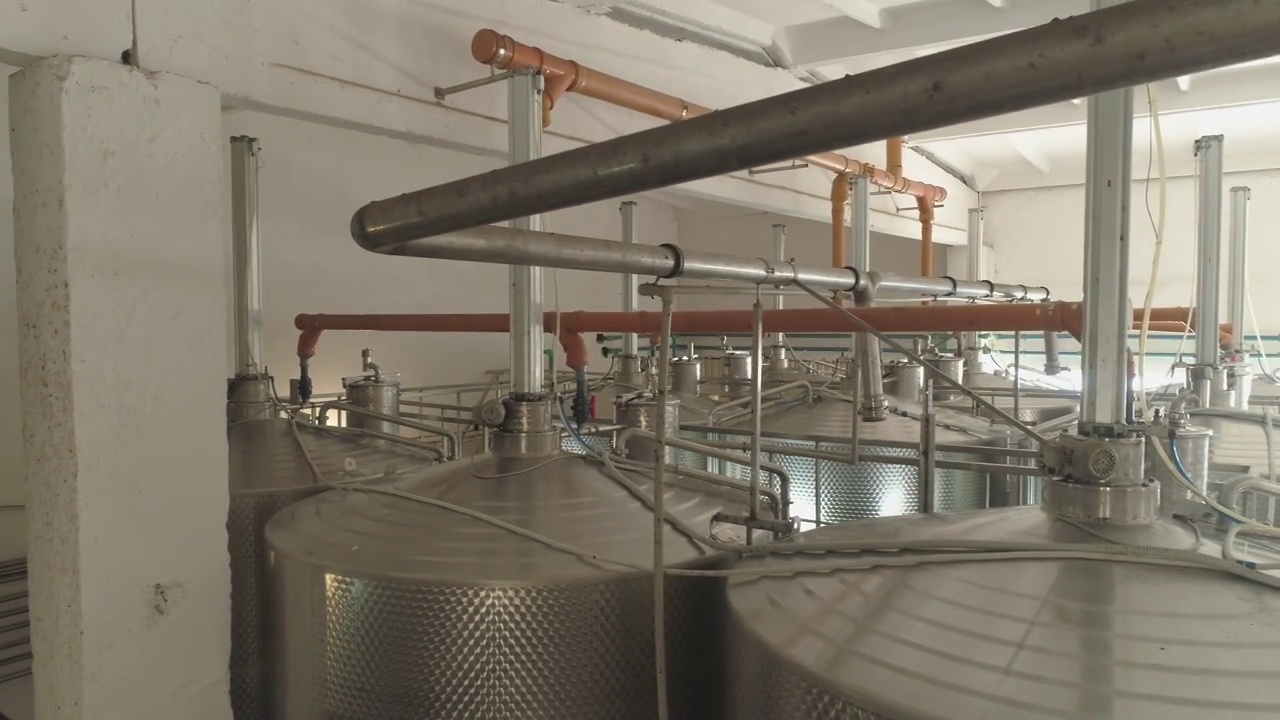 用于葡萄酒发酵的大型钢桶。葡萄酒生产设备。视频下载