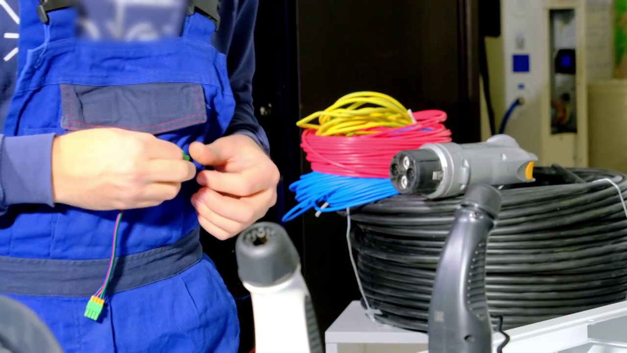 有电缆的工人在车间员工将插头连接到电缆视频素材
