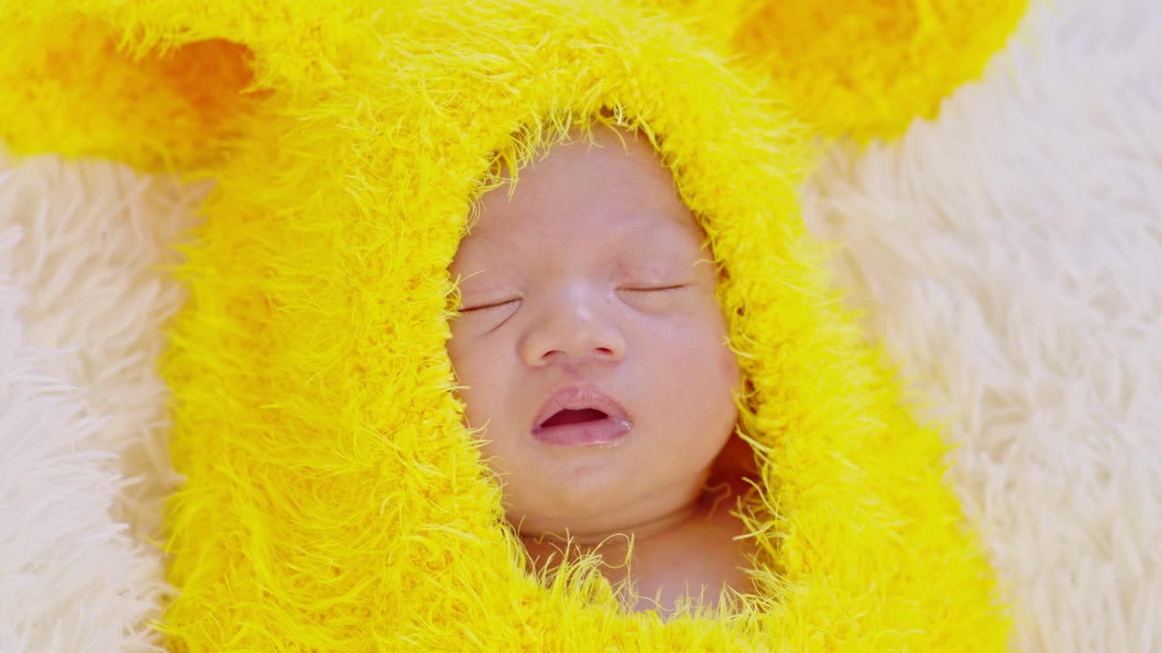 快乐的新生儿断奶可爱的黄色鸡蛋服装躺在灰色的地毯背景睡觉舒适和安全。可爱的亚洲婴儿在婴儿床上睡觉和打盹。新生儿复活节概念视频下载