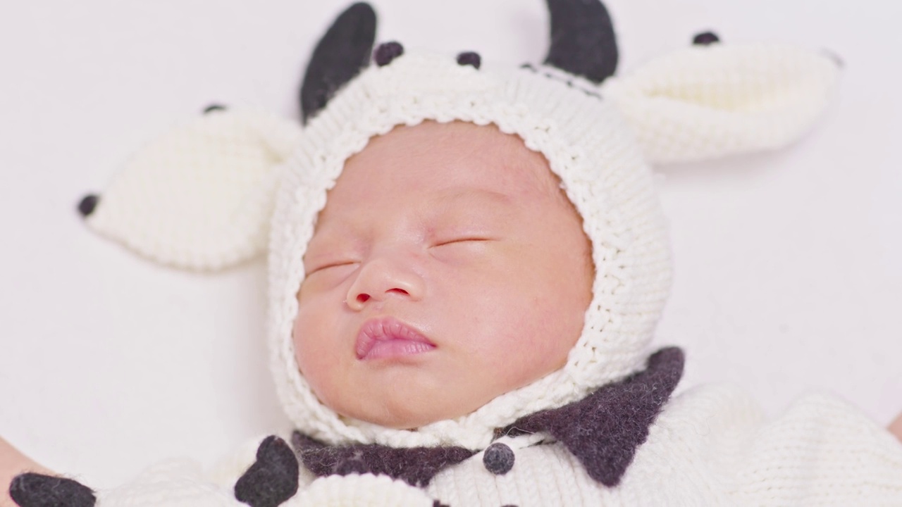 快乐的新生儿穿着可爱的奶牛服装躺在白色的背景上睡觉舒适和安全。可爱的亚洲婴儿在婴儿床上睡觉和打盹视频素材