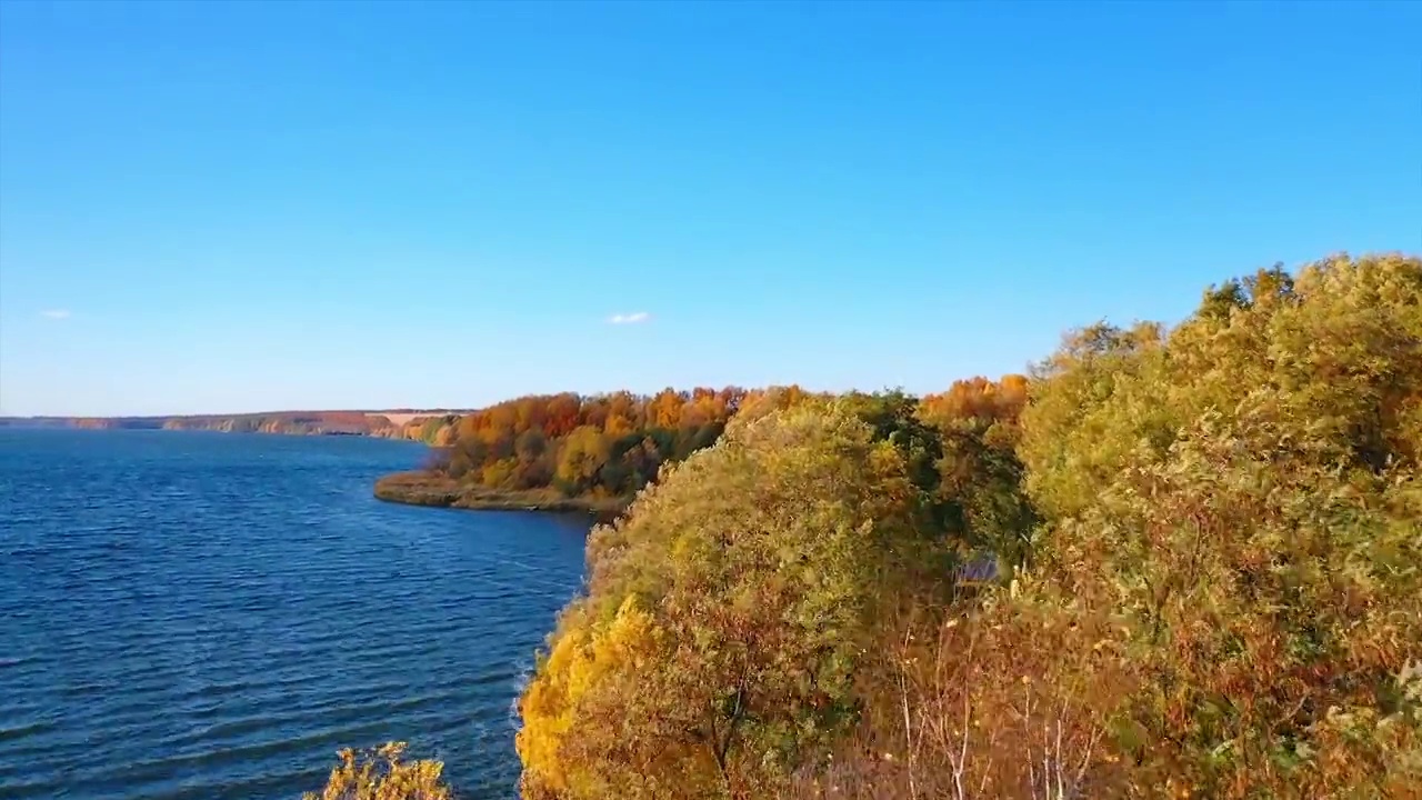 美丽的秋季自然景观。在深蓝色的河流和整齐的树木上飞翔。无人机拍摄的秋季景色。视频素材