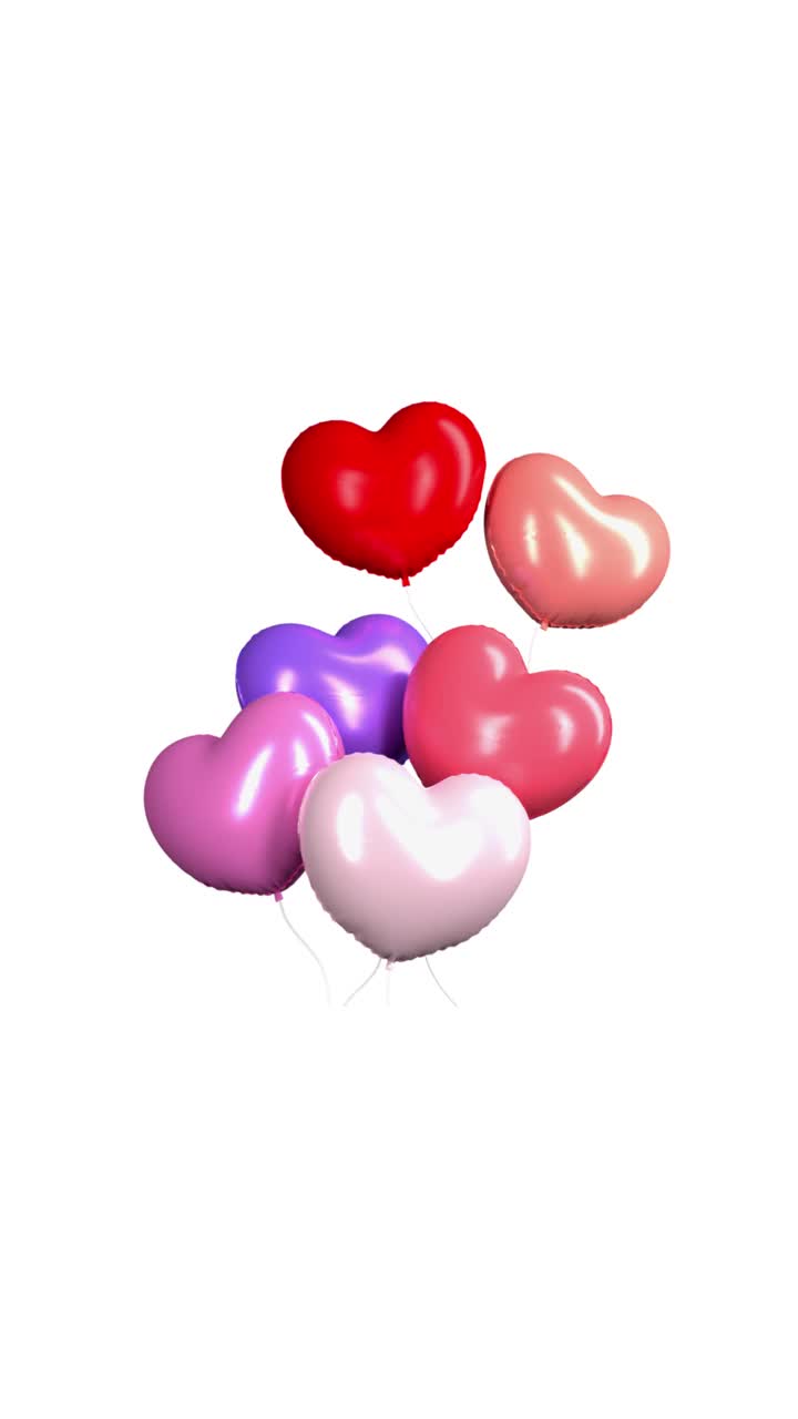 环准备情人节气球在心脏形状飞行在白色背景4K分辨率视频素材