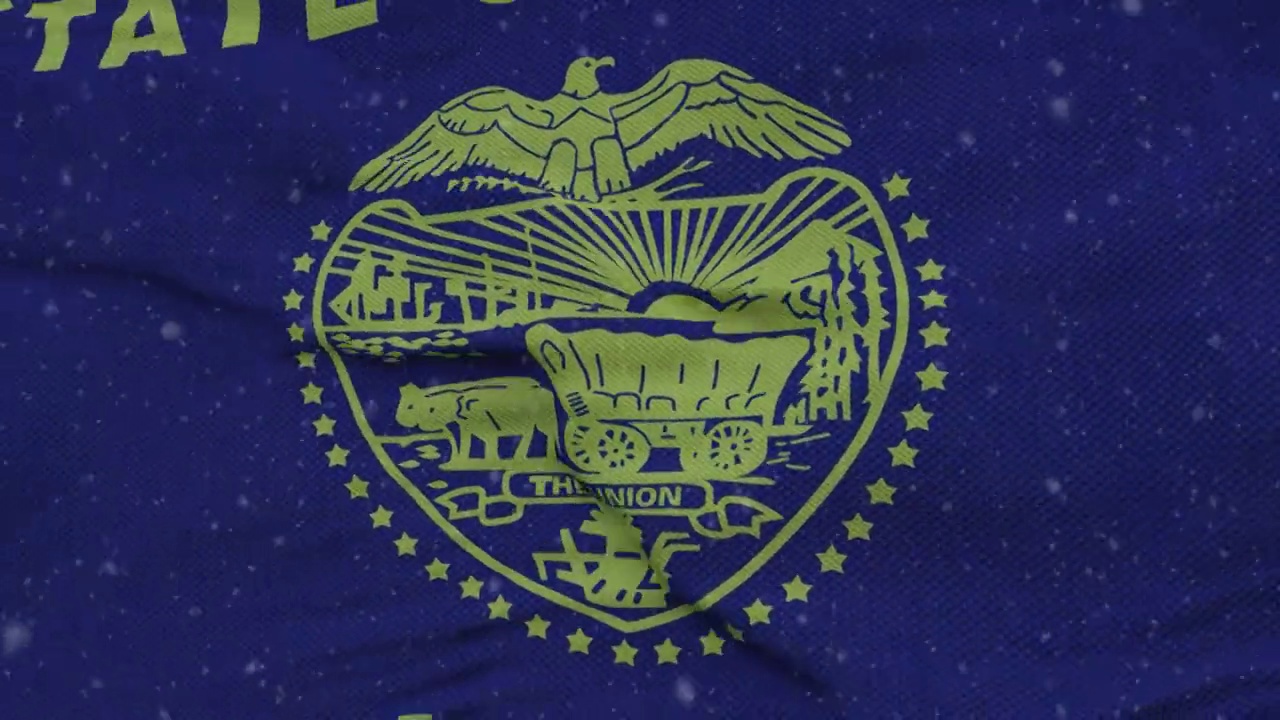以雪花为背景的俄勒冈州冬季旗帜。美利坚合众国视频素材