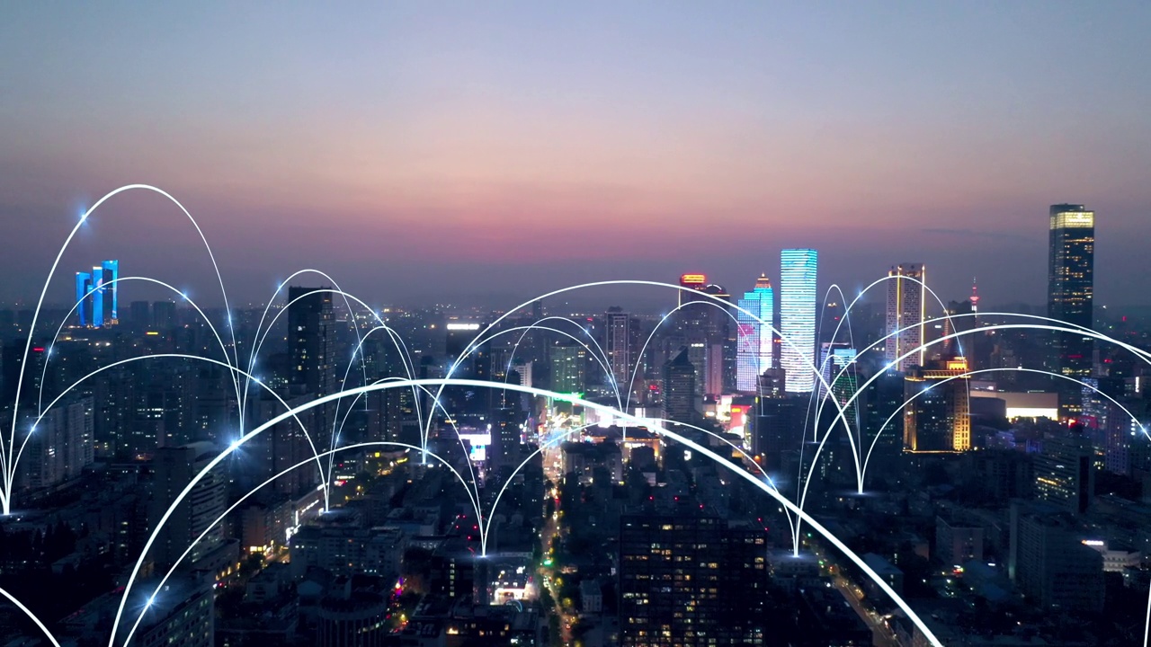 智能连接的城市天际线。未来网络概念，城市科技视频素材