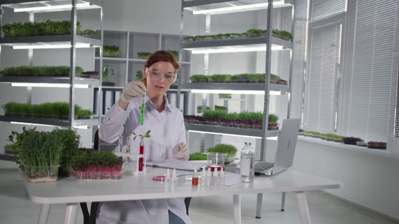 生物学女科学家在笔记本电脑上通过视频会议交谈，与实验室助理坐在实验室里微笑着看着相机讨论试管中的植物的肖像视频下载