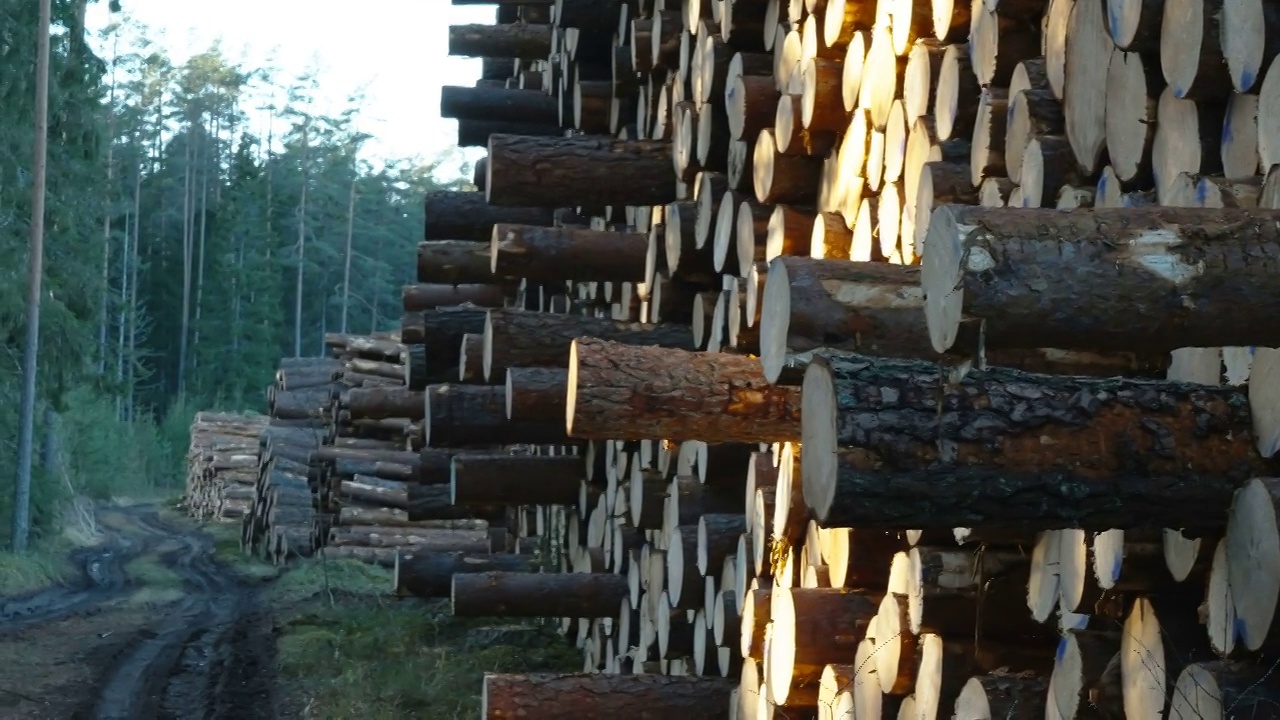 在爱沙尼亚，堆积在地面上的原木视频素材