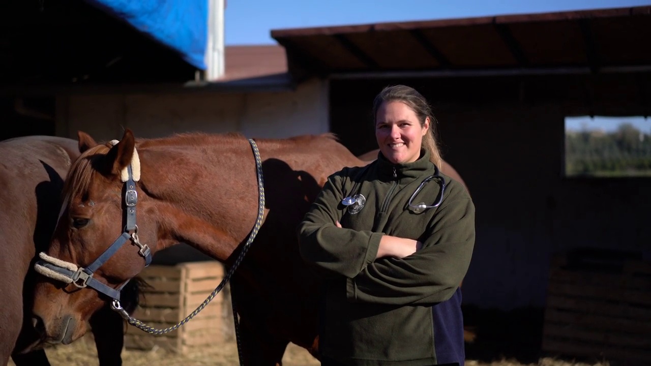女兽医与马在马厩的肖像视频下载