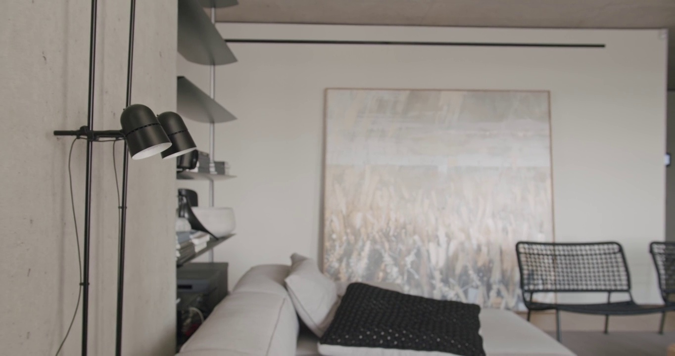 极简主义设计，真正的公寓客厅与一幅巨大的现代绘画视频下载