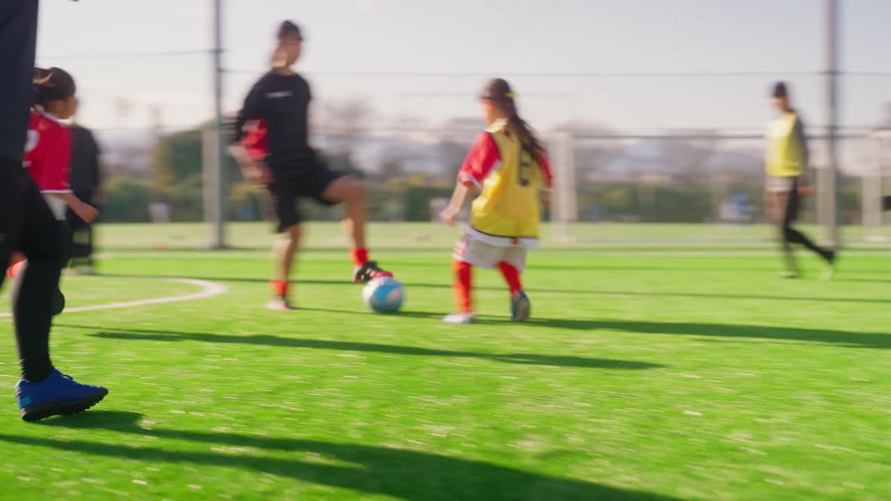 女孩子的足球或足球队成员分成两队，互相竞争以提高他们的技能视频下载