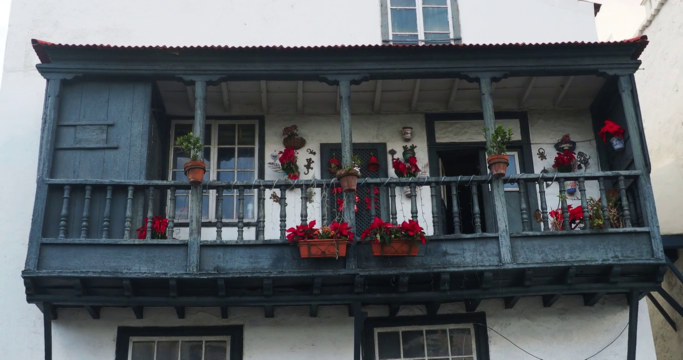 旧的木制阳台上装饰着植物、鲜花和圣诞灯视频下载