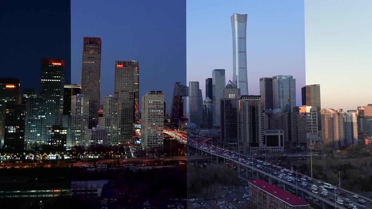 高视角北京天际线和市中心，日夜/北京，中国视频下载