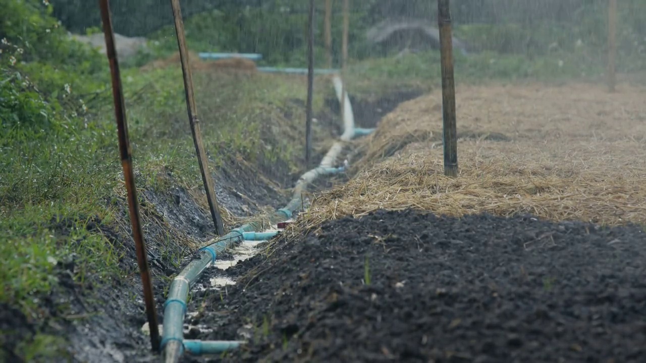 喷水器在花园里浇水，水滴在黑土上。田间喷灌系统工作。水对人类和农业都是有用的。视频下载
