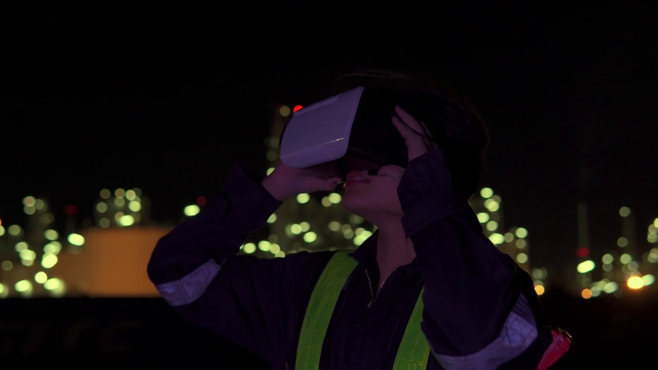 亚洲女工程师戴着虚拟现实耳机的石油和天然气或其他工业场所。视频素材