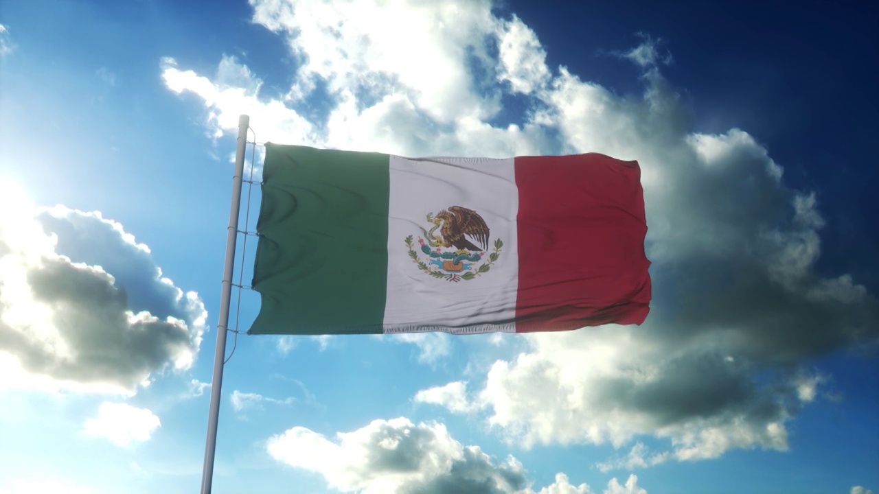 墨西哥国旗在美丽的蓝天下迎风飘扬视频下载